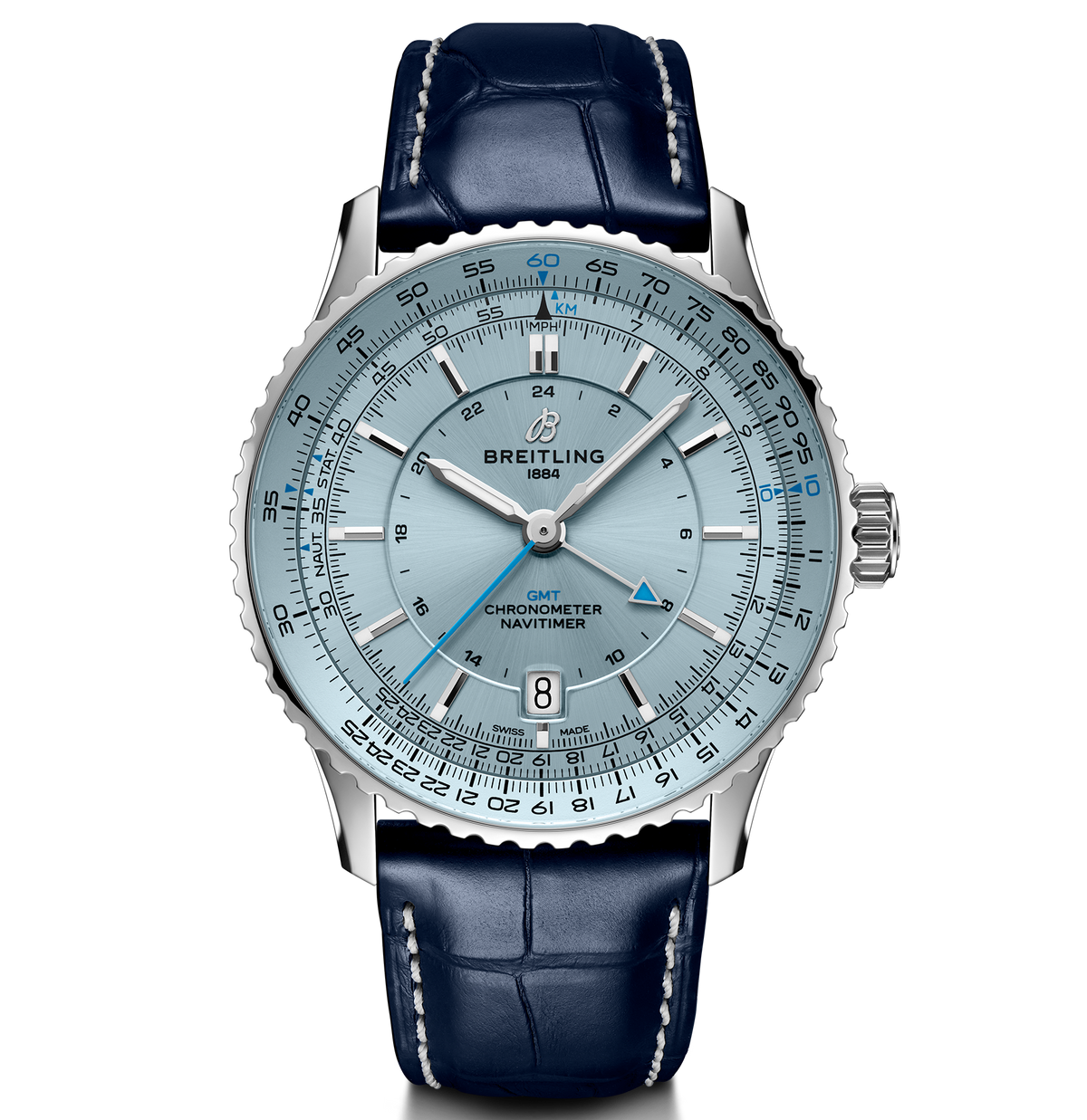 Breitling Navitimer Automatic GMT 41 Watch with Navy Leather Strap
